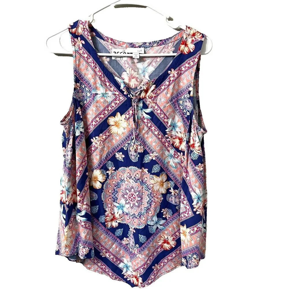 J Jill Womens Multicolor Floral Blouse MP Sleeveless V Neck Batik Boho Casual